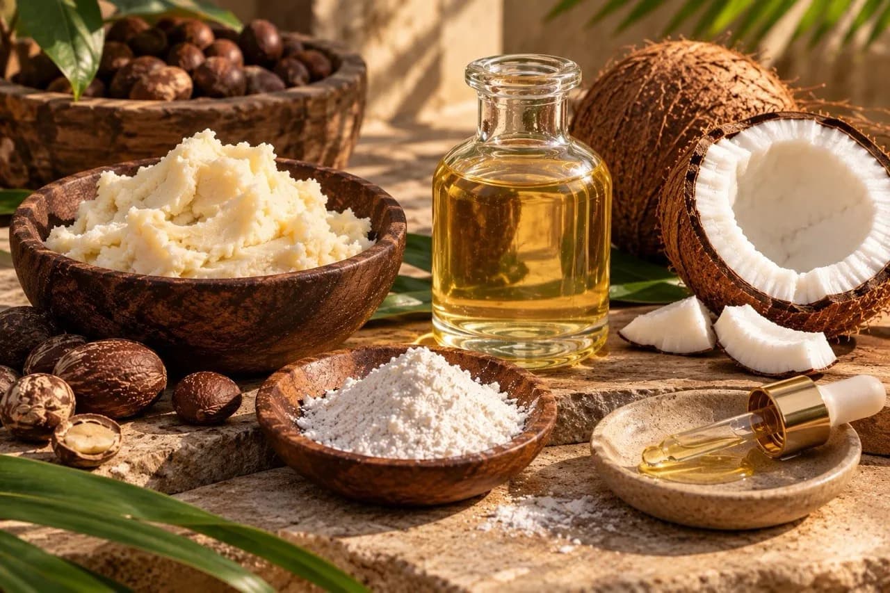 Raw shea butter, shea nuts and natural oils — locally sourced ingredients